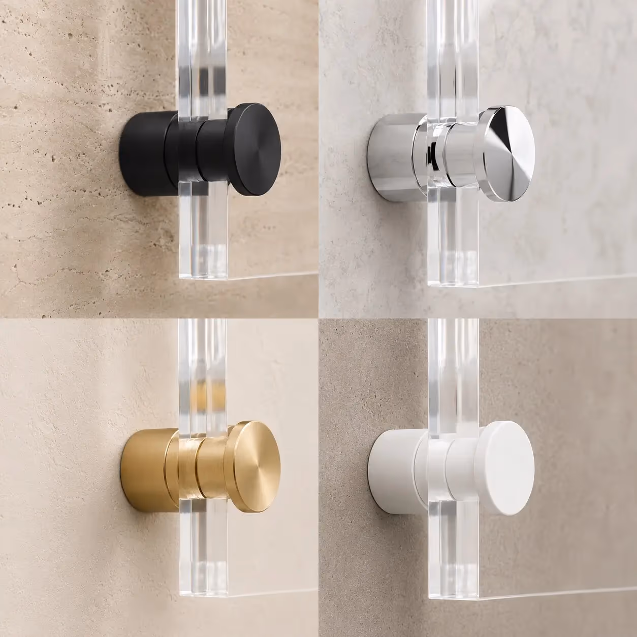Black, polished chrome, brushed gold and satin white acrylic wall mounts