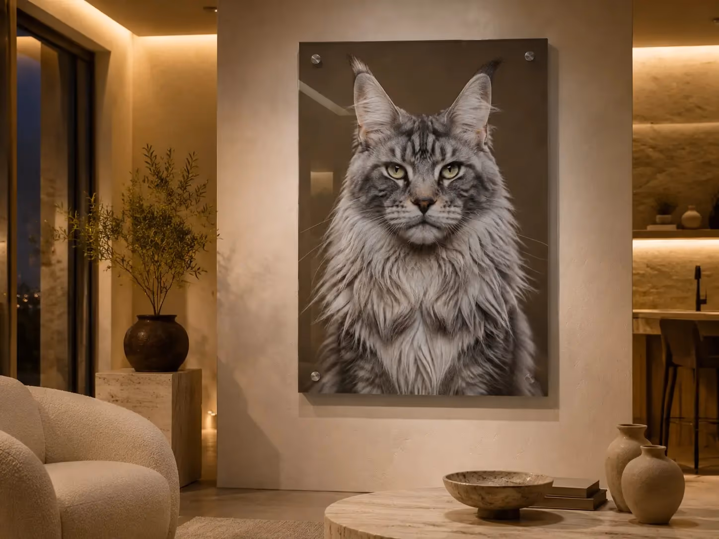 Maine Coon acrylic portrait installed in a warm luxury apartment