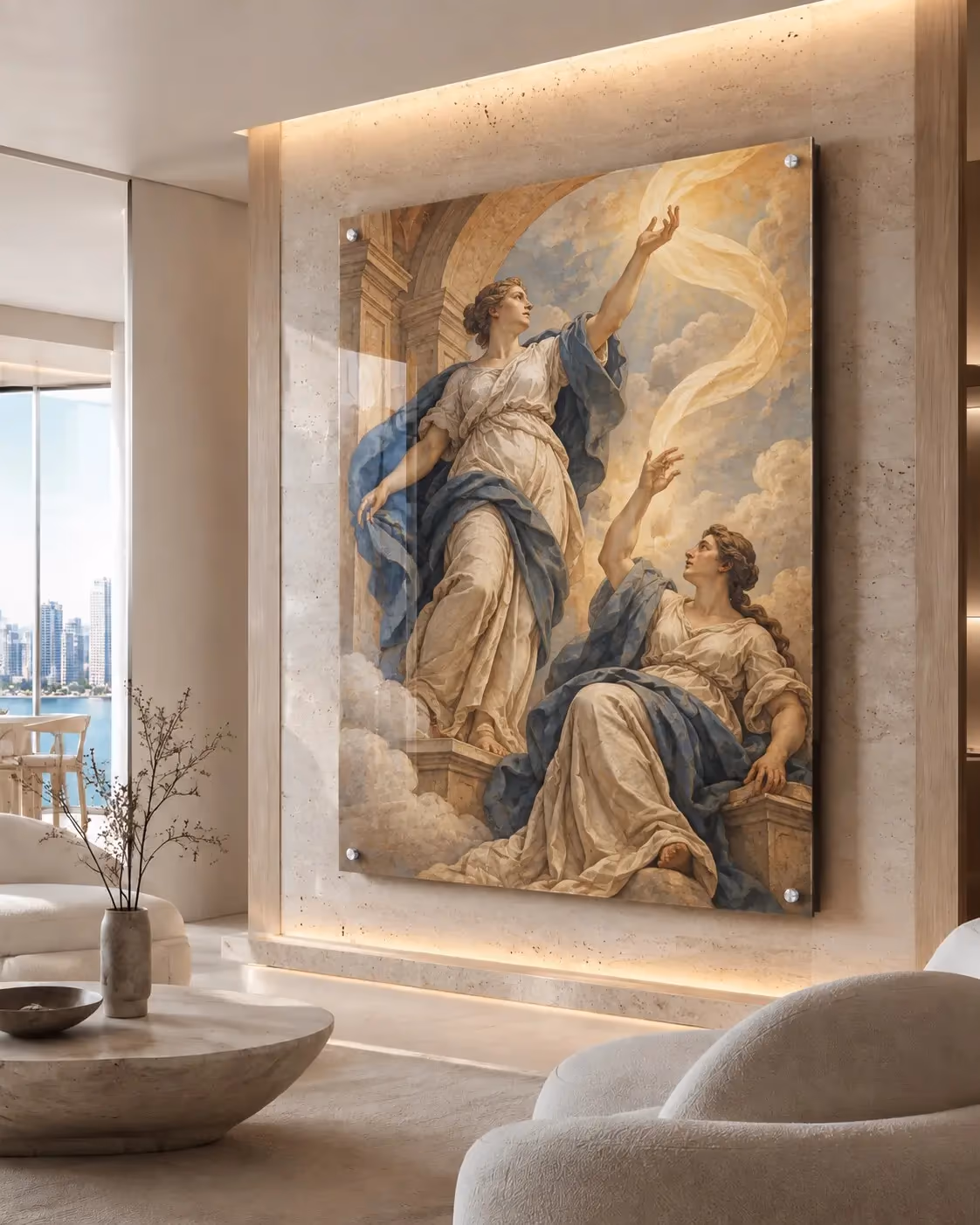 Original classical figure study acrylic artwork installed in a light-filled penthouse
