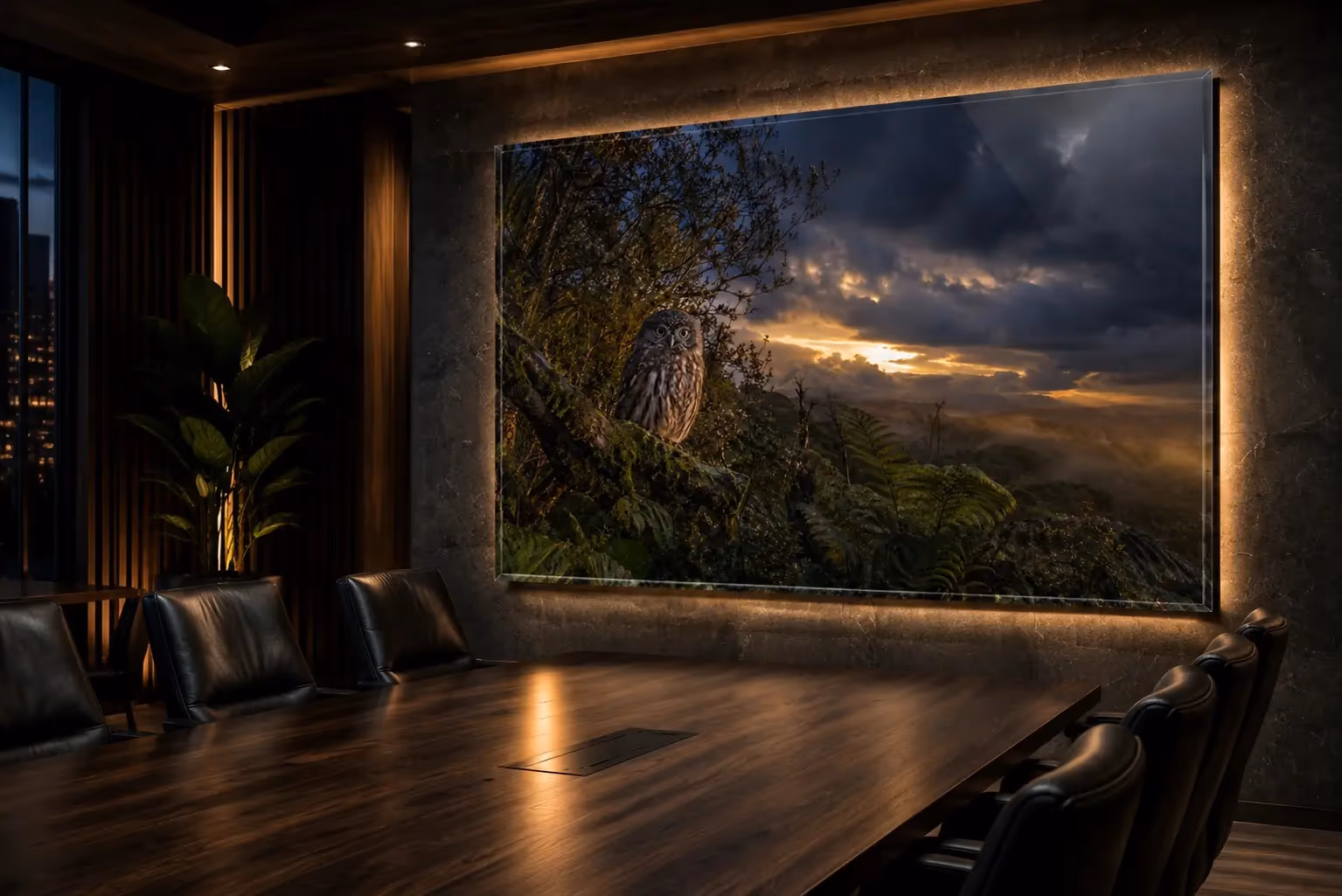 Large ruru twilight acrylic artwork installed in a dramatic evening boardroom