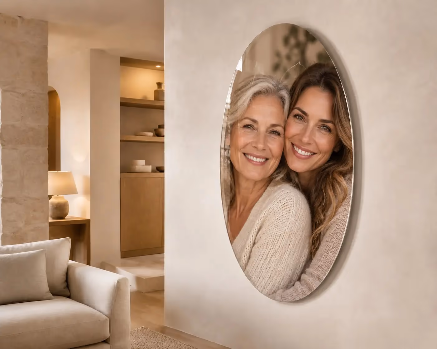 Oval acrylic print featuring a mother and daughter portrait in an elegant interior